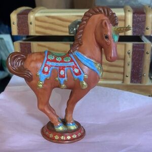Franklin Mint Orange Unicorn Figurine with Blue and Gold Accents